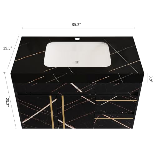 35.2 Inch Floating Bathroom Vanity with Ceramic Sink Combo, Modern Wall Mounted Bathroom Cabinet with 2 Soft-Close Doors & 2 Drawers, Faux Marble Top, Black - color: Black