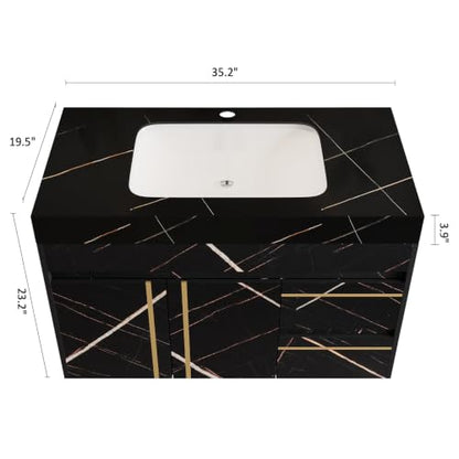 35.2 Inch Floating Bathroom Vanity with Ceramic Sink Combo, Modern Wall Mounted Bathroom Cabinet with 2 Soft-Close Doors & 2 Drawers, Faux Marble Top, Black - color: Black
