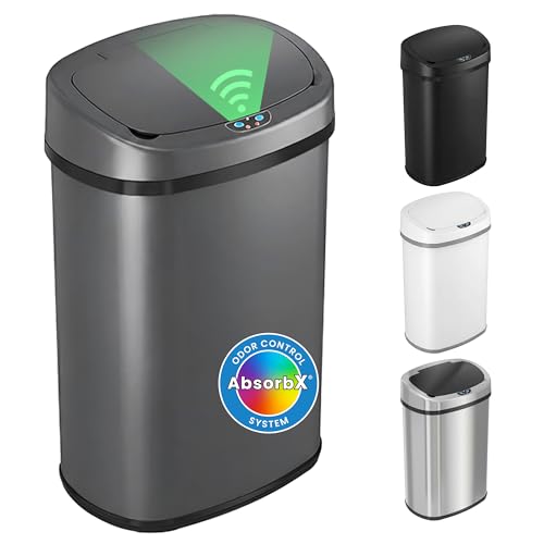 iTouchless Patented 13 Gallon Motion Sensor Trash Can with Lid & AbsorbX Odor Filter | 50L Gray Stainless Steel Kitchen Garbage Bin, Fits Standard Bags, Long Battery Life, AC Adapter Compatible - color: Matte Gunmetal Gray