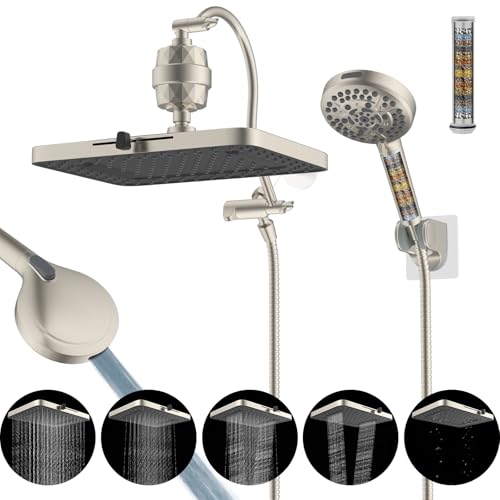 Hibbent 13'' Filtered Shower Head with 10-Spray Handheld, Brushed Nickel | 5 Modes Rainfall Shower Head, High Pressure Showerhead Combo, 20 Stage Shower Filter, 12'' Extension Arm, 71'' Hose & Holder - color: Brushed Nickel, style: Square 13'' with Filter
