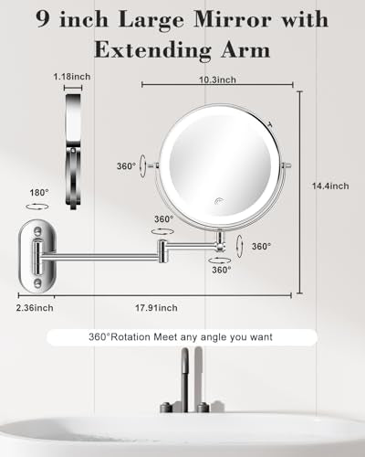 9'' 30X/1X Wall Mounted Lighted Makeup Mirror, Height Adjustable Double Sided 5000mAh Rechargeable Magnifying Bathroom Mirror with Light, 3 Color Modes Touch Dimmable Extended Arm 360 Rotation