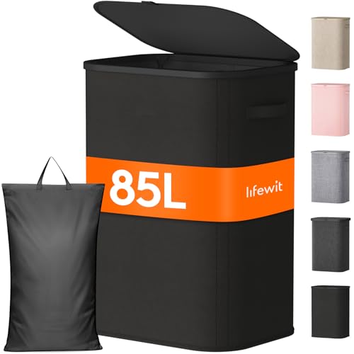 Lifewit 85L Large Laundry Basket with Lid, Laundry Hamper with Plastic Handles and Removable Bag, Foldable Tall Dirty Clothes Hampers for Laundry for Laundry Room, Bedroom, Bathroom, Dorm, Black - color: Black, size: 85L