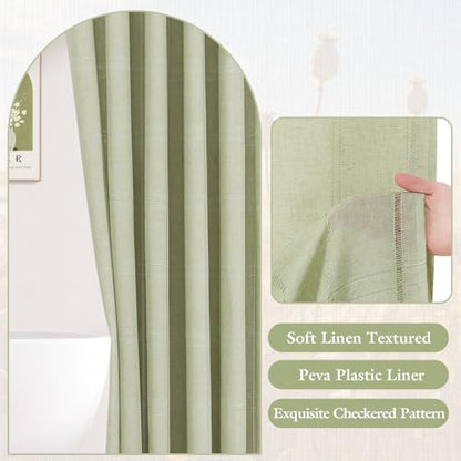 Small Stall Linen Farmhouse Shower Curtain with Tassel, Modern Boho French Country Chic Bathroom Shower Curtain Set with PEVA Liner, Cotton Luxury Fabric Shower Curtain 36x72 - Green - color: Green, size: 36"W x 72"L (Pack of 1)