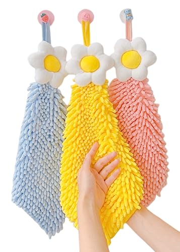 Ivymei 3 Pack Cute Flower Chenille Hand Towels Fuzzy Hanging Hand Towels with Loop for Kitchen Bathroom,Soft Absorbent Hand Bath Towels,Quick Dry(Yellow Pink Blue) - color: Yellow Pink Blue