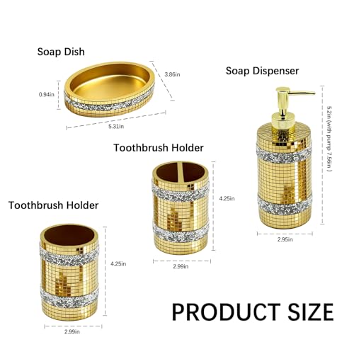 Gold Bathroom Accessories Set, Mosaic Decoration 4-piece Set | Deluxe gold mosaic bathroom 4-piece set,including soap dispenser,soap tray,toothbrush cup,partitioned toothbrush holder - size: 4 Pc Set