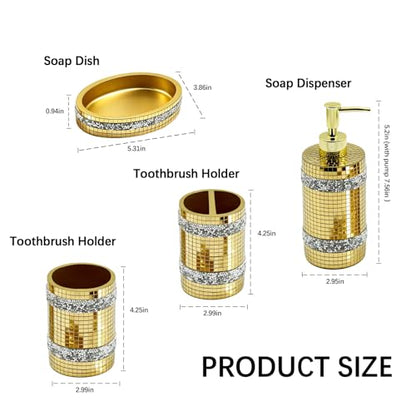 Gold Bathroom Accessories Set, Mosaic Decoration 4-piece Set | Deluxe gold mosaic bathroom 4-piece set,including soap dispenser,soap tray,toothbrush cup,partitioned toothbrush holder - size: 4 Pc Set