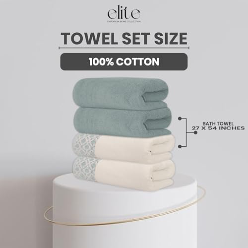 ELITE 4 Pack Luxury Jacquard Bath Towel Set – 100% Cotton, 600 GSM Ultra Soft & Absorbent Towels – Elegant Floral Pattern – 4 Large Bath Towels 27"x54" for Bathroom, Gift Spa & Hotel (Green Millieu) - color: Green Millieu