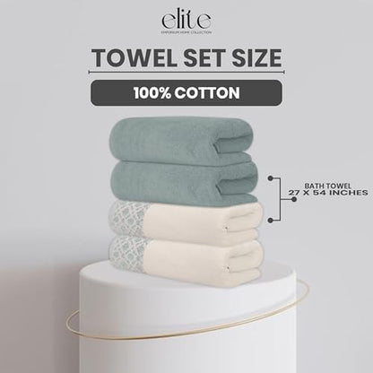 ELITE 4 Pack Luxury Jacquard Bath Towel Set – 100% Cotton, 600 GSM Ultra Soft & Absorbent Towels – Elegant Floral Pattern – 4 Large Bath Towels 27"x54" for Bathroom, Gift Spa & Hotel (Green Millieu) - color: Green Millieu