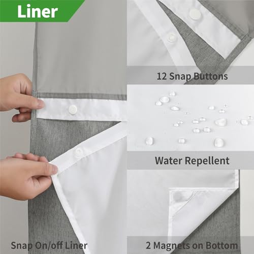 eachope No Hooks Needed Linen Textured Shower Curtain with Snap-in Fabric Liner Set,Grey Hotel Luxury Decor Shower Curtains for Bathroom,Waterproof & Washable,71Wx77H | 230GSM Thick Fabric,Hotel Luxury Decor,Mesh Top Window,Magnetic Weighted Hem,Waterproo