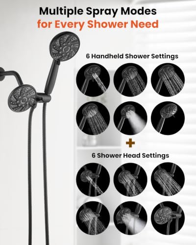 gotonovo Dual Shower Head Kit with Valve 6 Mode Handheld Matte Black | 6 Mode ABS Rain Head 6 Mode ABS Handheld Spray 2 in 1 Bathroom Trim Kit Pressure Balance Valve Shower Head and Handle Set - color: Black
