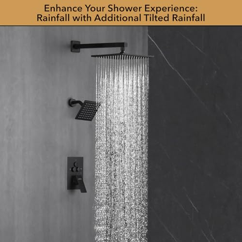 VANFOXLE Shower Faucet Set Matte Black Shower System, Push Button Diverter | 10 Inch Wall Mount Rain Head Increased Thick, 6 Inch Side Head, 2-in-1 Handheld Sprayer, Solid Brass Valve, Rust Resistant - color: Matte Black