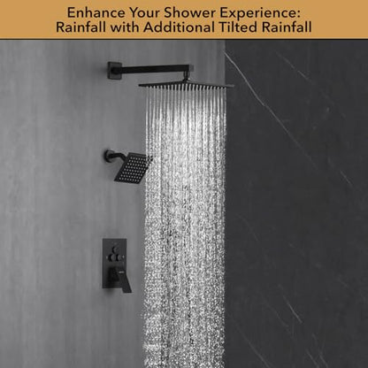 VANFOXLE Shower Faucet Set Matte Black Shower System, Push Button Diverter | 10 Inch Wall Mount Rain Head Increased Thick, 6 Inch Side Head, 2-in-1 Handheld Sprayer, Solid Brass Valve, Rust Resistant - color: Matte Black