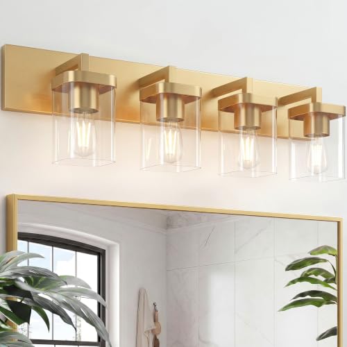Bathroom Lighting Fixtures Over Mirror, Square Design & Rectangle Large Backplate, 4 Lights Modern Vanity Lighting Fixtures, Bathroom Light Fixtures for Bathroom/Living Room/Bedroom, Gold - color: Brass, size: 4 Light