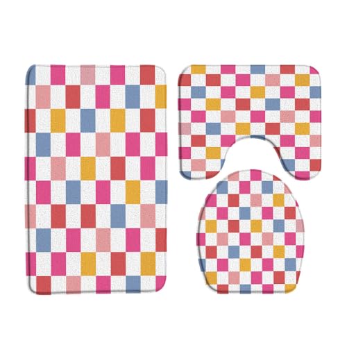 3PCS Colorful Checkered Bath Mat Set Retro Multicolored Geometric Checkboard Rainbow Modern Minimalist Memory Foam Bathroom Kitchen Toilet Decor Floor Rugs 59Wx23.6H Toilet Lid Cover and U-Shaped - color: Colorful, size: 3PCS-59x23.6/60x150cm