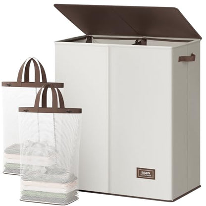 SOLEDI Luxury Double Laundry Hamper with Lid and Removable Bags, 38.3 Gal Large Laundry Bin, Laundry Basket 2 Sections, Collapsible Clothes Hamper for Bedroom, Laundry Room, Bathroom, Off-white - color: Off White, size: 145l