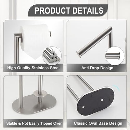 Brushed Nickel Freestanding Toilet Paper Holder with Reserve for Bathroom with Weighted Base, Modern Tissue Roll Holder Stand - color: Brushed Nickel