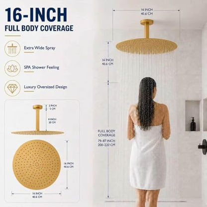 Gold Rain Shower Head, 16 Inch High Pressure Shower Head, 304 Stainless Steel Ceiling Mount Extra Large Waterfall Top Showerhead, Brushed Brass Gold - color: Brushed Brass Gold, size: 16-Inches, style: Round