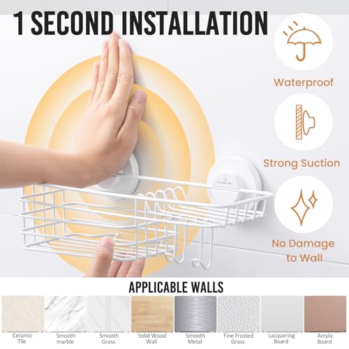 Shower Caddy Suction Cup, Heavy Duty Bathroom Organizer | Shower Organizer for Inside Shower with Hooks & Soap holder, NO-Drilling Bathroom shelves-White - color: 1 × White