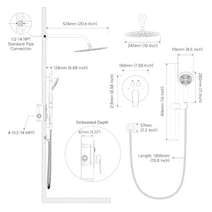 SR SUN RISE Matte Black Shower Faucet Set - 10 Inch Rain Shower Head with Adjustable Slide Bar Combo Set - Wall Mounted Rain Shower System Bathroom (Valve and Trim Kit Included) - color: Matte Black