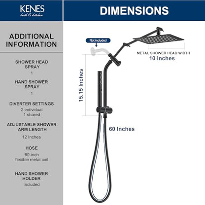 Matte Black 10 Inch All Metal Rain Shower Head with Handheld Spray | High Pressure Rainfall Shower Head wih Adjustable Extension Arm, Dual Showerhead Set with 60" Shower Hose, Square Rainfall - color: Matte Black