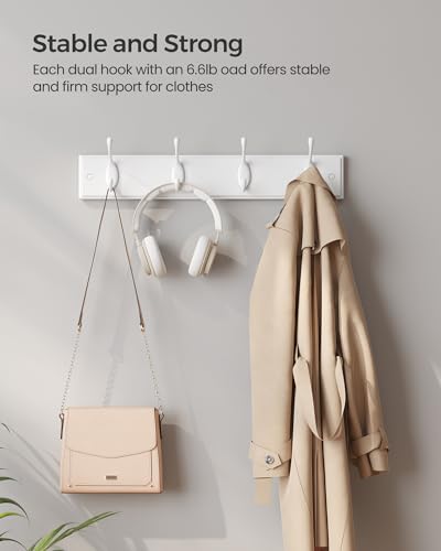 SONGMICS Wall-Mounted Coat Rack, Hook Rack, 4 Dual Metal Hooks, White | For Coats, Bags, Keys, in the Entryway, Bedroom, Living Room ULHR23WT - color: White, size: 1 Pack-4 Hooks