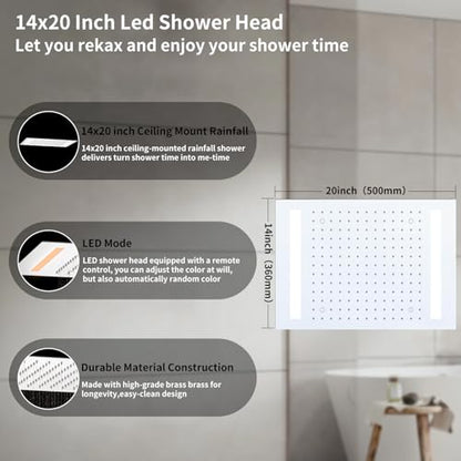 Chrome Ceiling 20x14 inch LED Shower Faucet Set,Temperature Display Thermostatic Shower Valve,Two 8-inch Wall Mounted Shower Heads and Handheld - color: Chrome