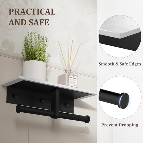 BWE Double Toilet Paper Holder with Shelf Wall Mounted Tissue Roll Holder | Commercial Toilet Paper Dispenser for Bathroom Marble Toilet Paper Storage Holder with Phone Shelf (Matte Black) - color: Double Black