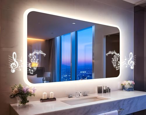 LUVODI Rectangular LED Bathroom Mirror: Smart Vanity Mirror 27.6x47.3 inch | Bluetooth Speakers Front-Lit Defogger Stepless Dimming 3 Color Lights Adjustable for Luxury Home Mirrored Decor Wall-Mounted - color: Rectangular-silver, size: 27.6"L x 47.3"W