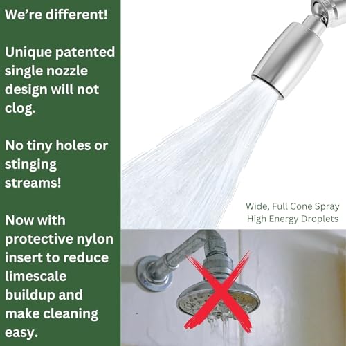 High Sierra® Classic™ Solid Metal 1.8 GPM Award Winning, Low Flow Shower Head. Patented Nozzle Never Clogs. Long Nut Hides Shower Arm Threads. Brushed Nickel Finish - color: Nickel, size: 1.8 GPM