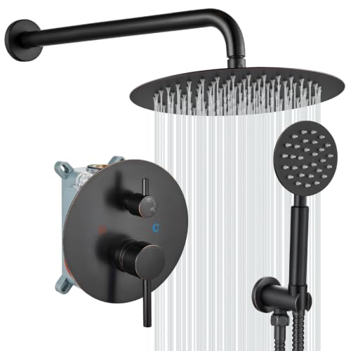 gotonovo High Pressure Shower System Valve and Trim Kit,Oil Rubbed Bronze | Round Rain 10 Inch Shower Head with Handheld Faucet Set Complete,Rough In Valve,2-in-1 Diverter,All Metal,Bathroom Wall Mount - color: Bronze