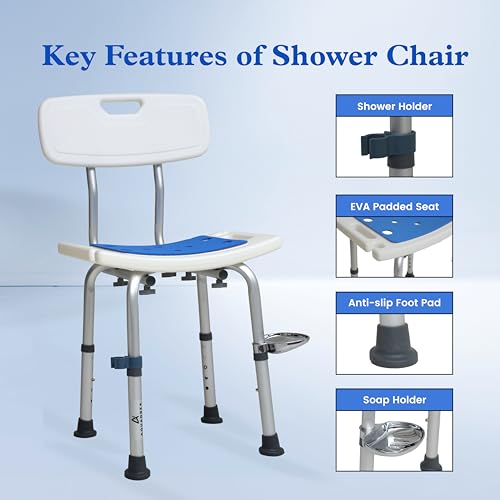 Shower Chair for Inside Shower With Soap box - Height Adjustable Shower Chair for Elderly and Disabled with Removeable Back & Enhanced Non-Slip Feet - Lightweight Aluminum Construction - Blue