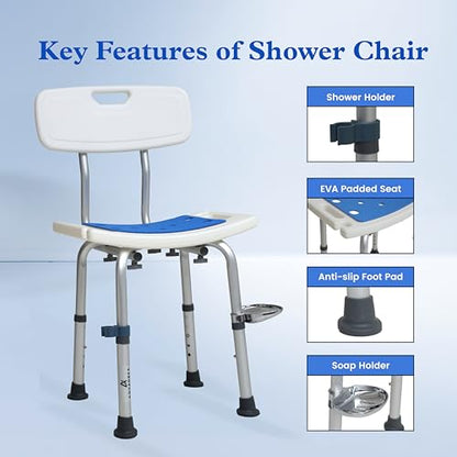 Shower Chair for Inside Shower With Soap box - Height Adjustable Shower Chair for Elderly and Disabled with Removeable Back & Enhanced Non-Slip Feet - Lightweight Aluminum Construction - Blue
