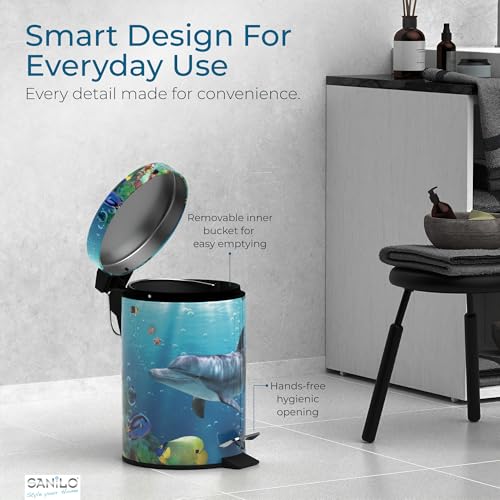 Sanilo Small Bathroom Trash Can with Lid [1.3 Gallon] - Lidded Tiny Trashcan for Garbage - Mini Metal Bin with Soft Closing Mechanism - Bath Room Accessoire Wastebin with Inner Bucket (Dolphin) - color: Dolphin