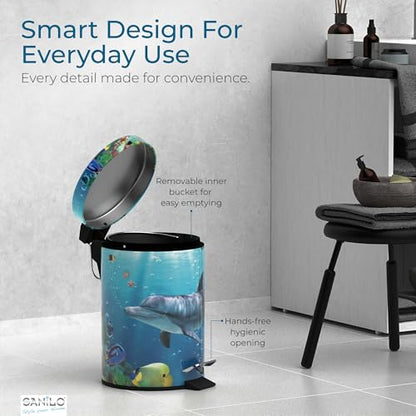 Sanilo Small Bathroom Trash Can with Lid [1.3 Gallon] - Lidded Tiny Trashcan for Garbage - Mini Metal Bin with Soft Closing Mechanism - Bath Room Accessoire Wastebin with Inner Bucket (Dolphin) - color: Dolphin