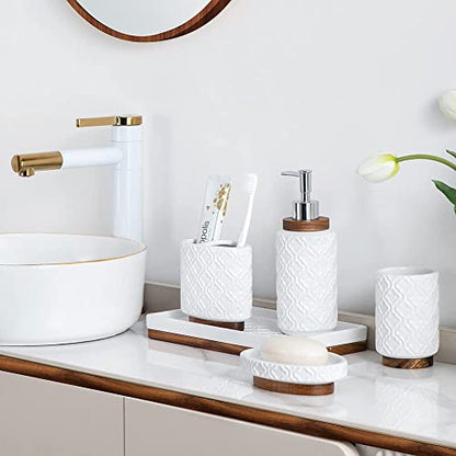 RQYIXI Elegant 6 PCS Ceramic&Wood Bathroom Accessories Set:Soap Dispenser,Toothbrush Holder,Tumbler,Soap Dish,Tray,Trash Can,Easy to Clean,Quatrefoil Pattern,White-Affordable Home Luxury - color: A-white Trash Can