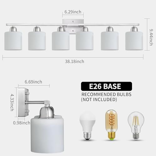Large Bathroom Vanity Light Fixture, 6 Light Anti-Rust Finish with Milky White Frosted Glass Shades, 38 Inch Bath Light Above Mirror Light Fixture - color: Nickel & Milky White Glass, size: 6-Light