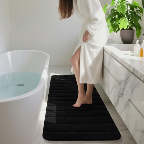 Luxury Long Bathroom Runner Rugs 24x60 Inch Bath Rug Non Slip, Black | Thick Soft and Absorbent Microfiber Bath Mat, Rubber Backing Striped Rug Carpets, Machine Washable Plush Mats - color: Black, size: 24" X 60"