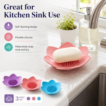 3Pcs Lotus Flower Soap Dishes with Drainage, Silicone Soap Holder for Shower, Self-Draining Bar Soap Tray for Bathroom Counter, Kitchen Sink & Bathtub, Soap Saver, Easy Dry