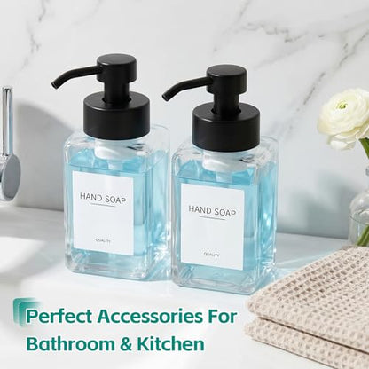 Foaming Soap Dispenser, 12oz/350ml Glass Foaming Hand Soap Dispenser Set, 2Pcs Refillable Foam Soap Dispenser With Foaming Pump, Labels, Square Foam Soap Hand Dispenser For Bathroom, Kitchen - color: Clear Bottle