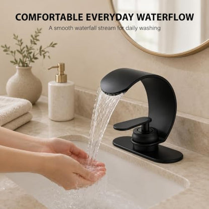 ARSUONTA Matte Black Waterfall Bathroom Sink Faucet, Single Handle, Fits Single-Hole or Compatible 3-Hole Sinks, Easy to Install with Deck Plate, Pop-Up Drain with Overflow and 24-Inch Supply Hoses - color: Black