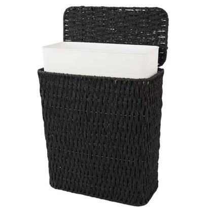 Coeusy 3 Gallon Paper Rope Bathroom Trash Can,Small Wicker Trash Cans with Lid and Liner,Woven Rattan Narrow Waste Basket for Bedroom,Office,Black - color: Black