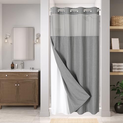 eachope No Hook Linen Texture Shower Curtain with Snap-in Liner,60x74 Grey | 230GSM Thick Fabric,Hotel Luxury Decor,Mesh Top Window,Waterproof & Machine Washable,for Shower Stall or Bathroom - color: Grey, size: 60"W x 74"L (Pack of 1)