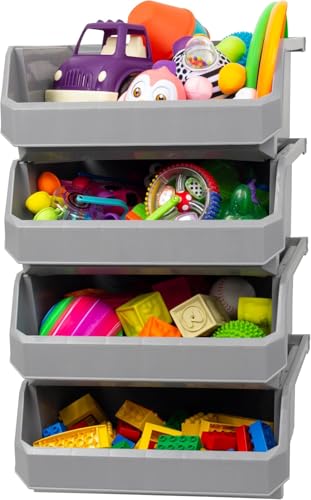 Extra Large Stackable Plastic Storage Bins, 4-Pack, Grey | Open-Front Stackable Bins For Garage, Pantry, Closet & Office, 14,8"L X 16,5"W X 7"H, Nests When Empty, Durable Plastic, - color: Grey, size: Extra Large, 4-Pack