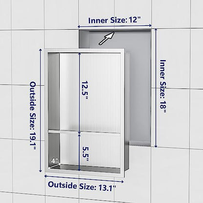 Qeke 12" x 18" Stainless Steel Shower Niche w/Double Shelves, Brushed Nickel - color: Brushed Nickel, size: 12X18"