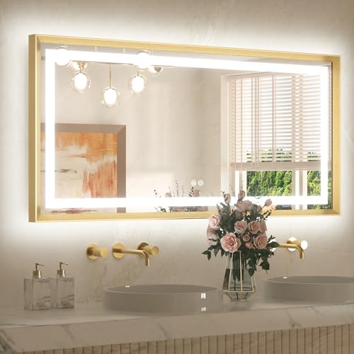 48 x 24 Bathroom LED Mirror Brushed Gold Metal Frame Frontlit & Backlit Vanity Mirror Stepless Dimmable Anti-Fog 3 Colors White/Warm/Natural Light up Vanity Mirror Wall-Mounted - color: Brushed Gold, size: 24"L x 48"W