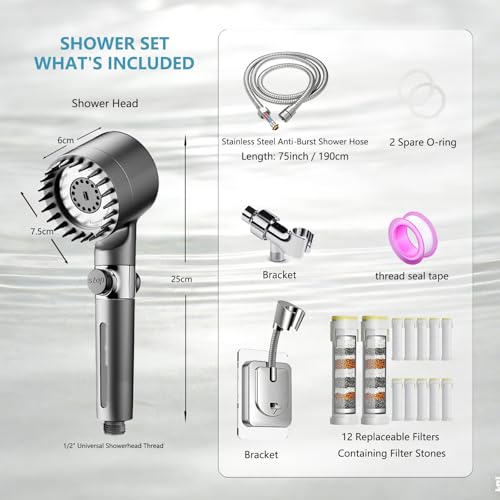 High Pressure Filtered Shower Head with Handheld for Hard Water | Ion Shower Head with 12 Replaceable Water Softener Filters,78" Anti-Burst Hose,Adjustable Bracket,4 Spray Modes,ON/OFF Switch
