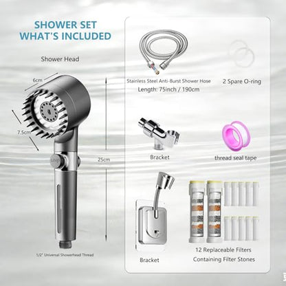 High Pressure Filtered Shower Head with Handheld for Hard Water | Ion Shower Head with 12 Replaceable Water Softener Filters,78" Anti-Burst Hose,Adjustable Bracket,4 Spray Modes,ON/OFF Switch