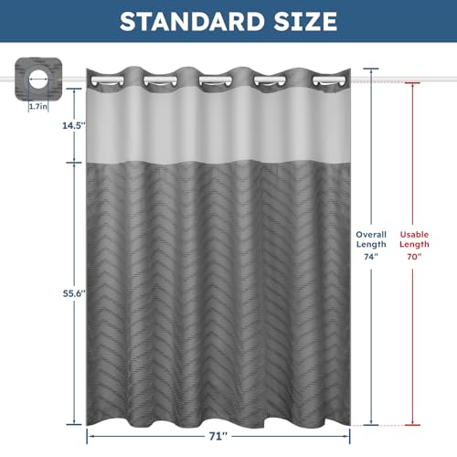 FADOTY Grey No Hook Shower Curtain Set with Snap in Liner, 71'' x 74'' | Bathroom Hotel Fabric Curtain, Waterproof Washable Liner, See Through Top Window, Ringless Chevron Tufted Cloth Curtain - color: Grey, size: 71"W x 74"L (Pack of 1)