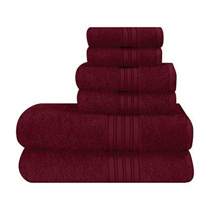 BOUTIQUO 6 Pack Cotton Towel Set, Contains 2 Bath Towels 28x55 inch, 2 Hand Towels 16x24 inch & 2 Wash Coths 12x12 inch, Ideal Everyday use, Ultra Soft Compact & Lightweight - Burgundy - color: Burgundy, size: 6 Pack Set