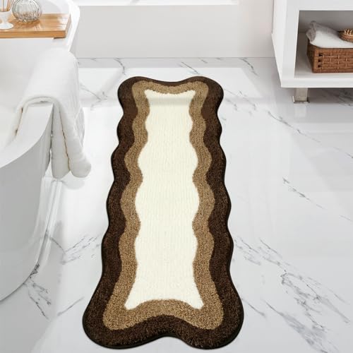 HAOCOO Brown Long Bathroom Rug Runner, Microfiber Absorbent Boho Bath Mats for Bathroom Non-Slip, Washable Soft Plush Shower Mats for Sink Shower Tub - color: Brown, size: 18x47 inch (Irregular)